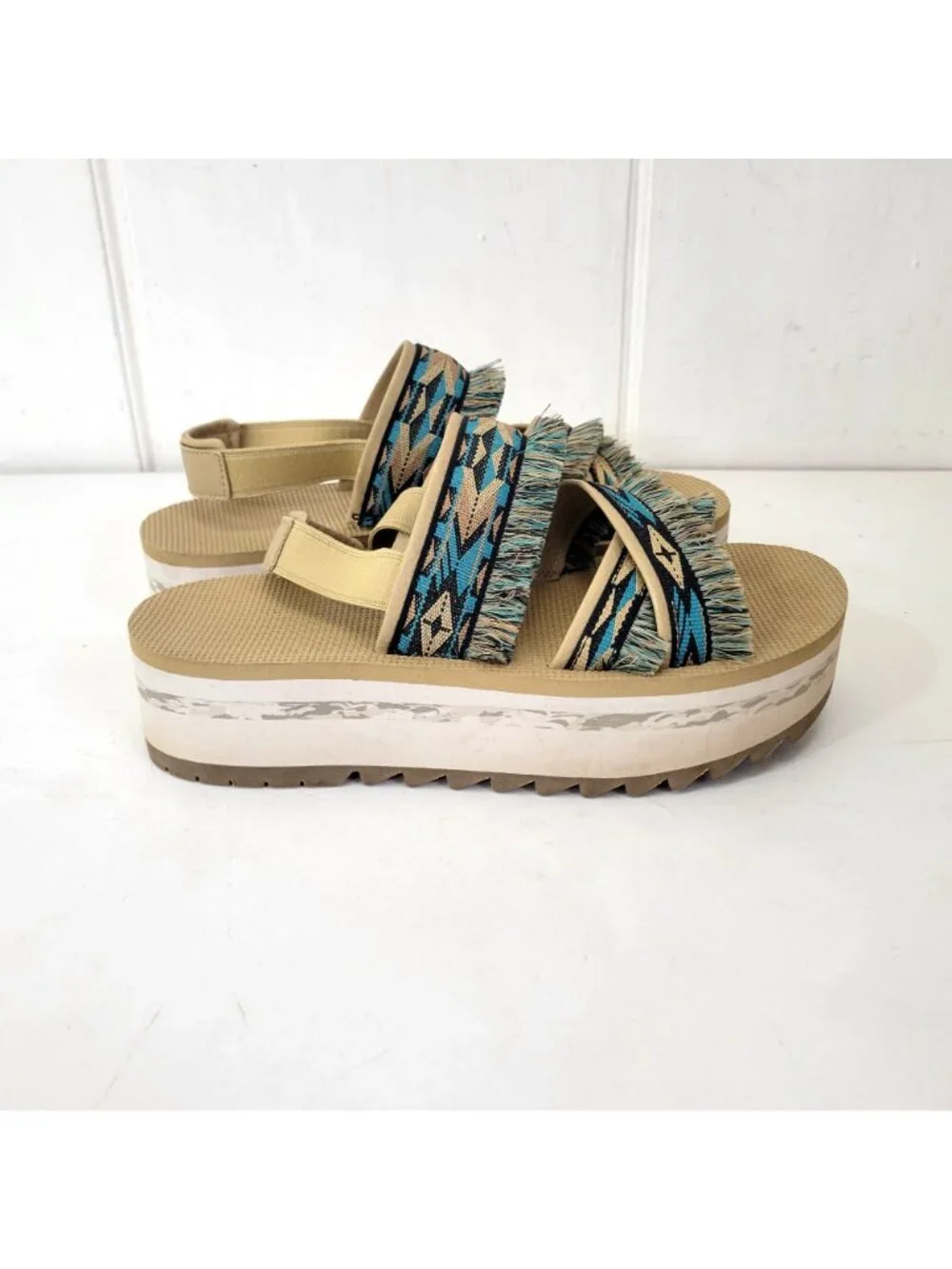 Teva Women's Fringe Platform Sandals With Aztec Print Straps & Wedge Sole Beige - Picture 5 of 9